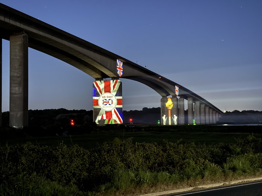 The Orwell Bridge was lit up to conclude Ipswich's VE Day celebrations
